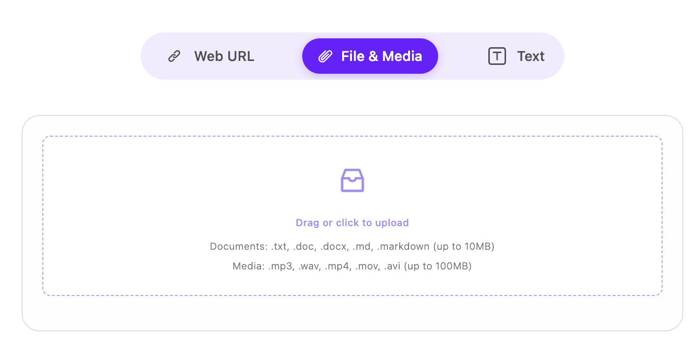 OmniAudio 的 File & Media 上传界面，支持 .md 和 .markdown 文件，单文件最大 10MB